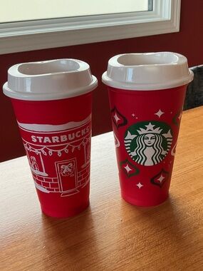 Starbucks 2023 & 2025 Red Holiday Reusable Tumblers with White Lids - Set of 2